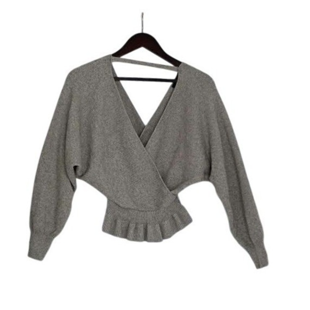 LULUS Grey Ribbed V-Neck Dolman Sleeve Ruffle Hem Sweater Top M
